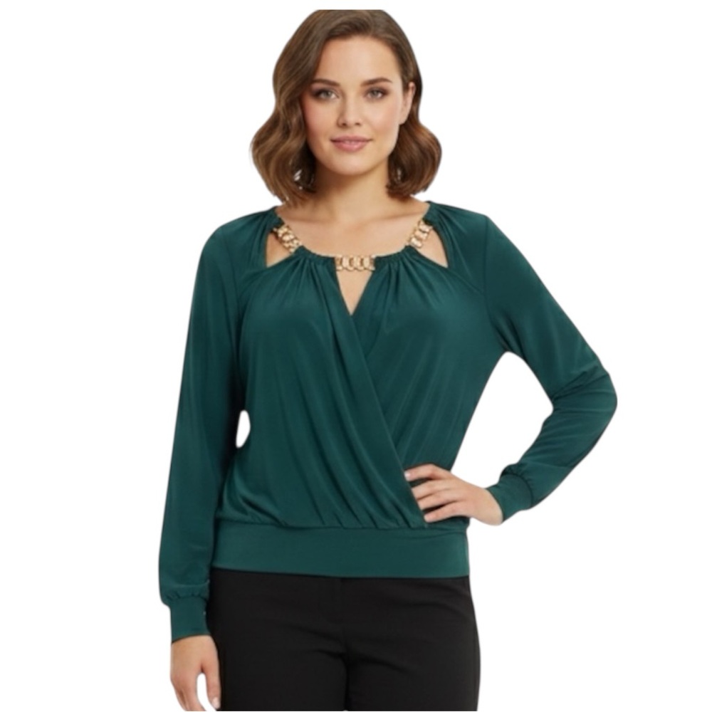 AUW Forest Green Cut Out Wrap Long Sleeve Top With Gold Chain Accents Size Large